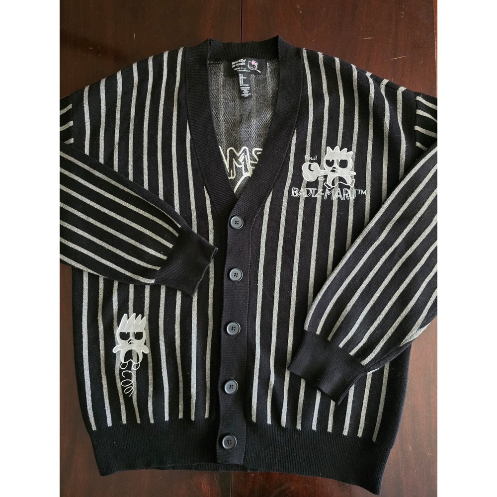 Forever 21 Sanrio Badtz-Maru Mens Cardigan Black Grey Striped Sweater Medium